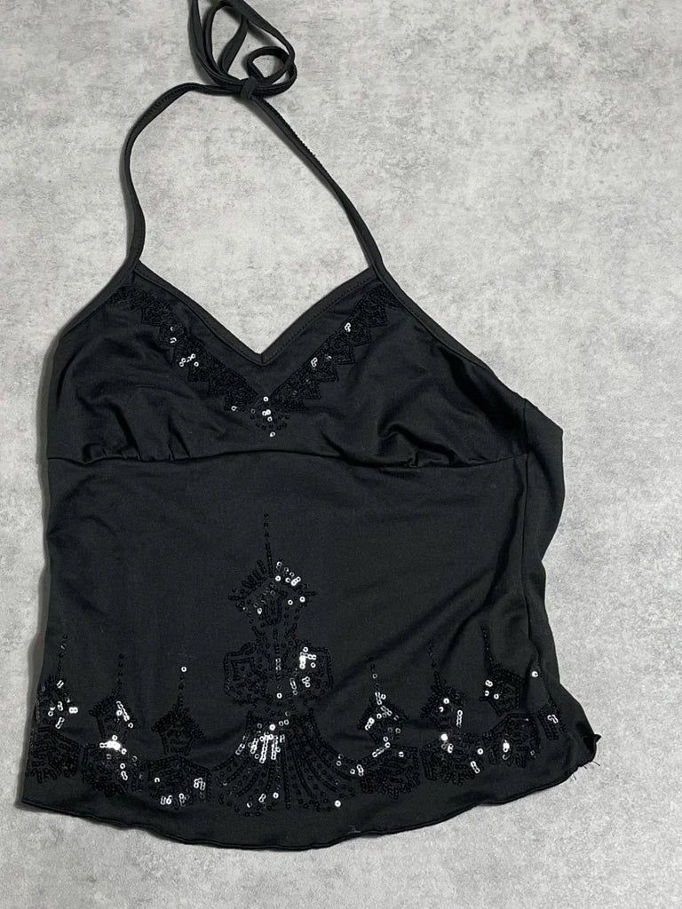 detail view, ROMWE top with paillettes, vintage Y2K second hand piece