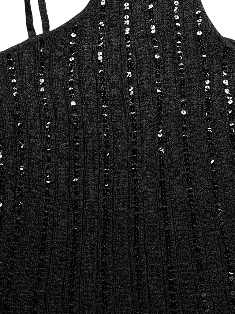 detail view, Sart Set Black One-Shoulder Sequin Knit Top, vintage Y2K second hand piece, image 4