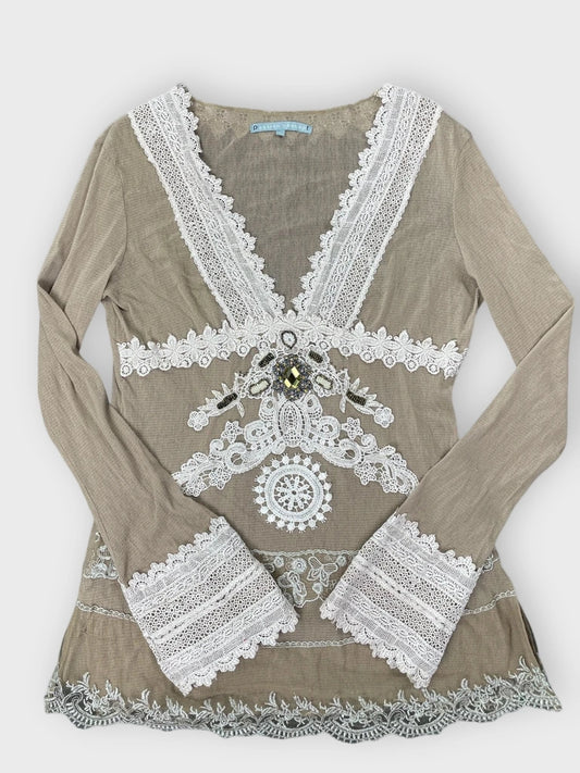 front view, Passion Concept Beige Draped Dress Top, vintage Y2K second hand piece
