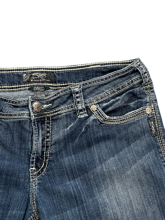 back view, Silver Jeans Dark Wash Bootcut Jeans with Signature Embroidery, vintage Y2K second hand piece