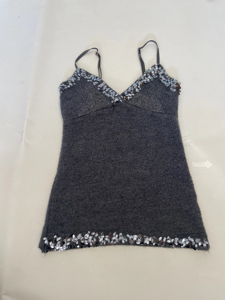 detail view, Gray Sequin Trim Knit Camisole, vintage Y2K second hand piece, image 6