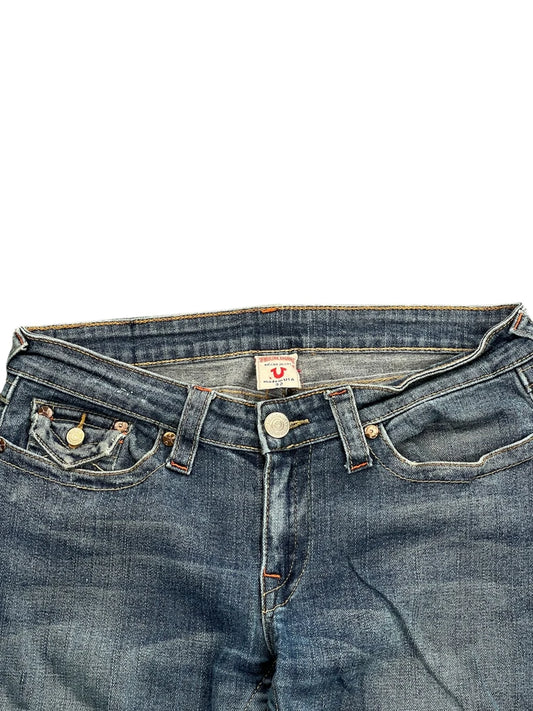 back view, True Religion Medium Wash Flare Jeans with Contrast Stitching, vintage Y2K second hand piece