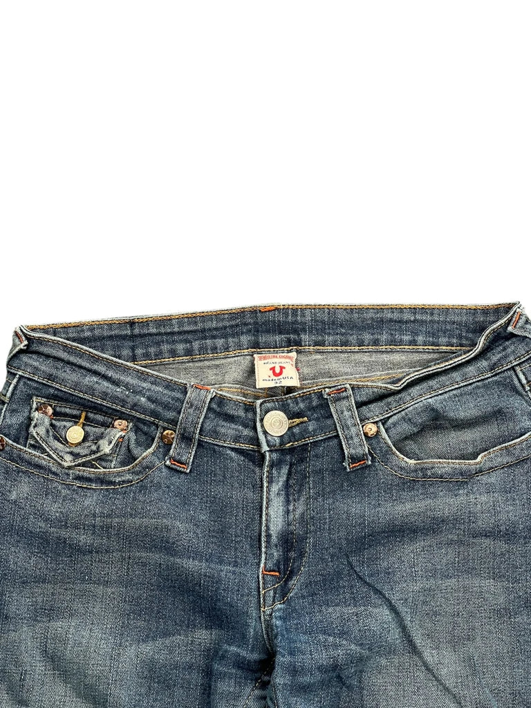 back view, True Religion Medium Wash Flare Jeans with Contrast Stitching, vintage Y2K second hand piece