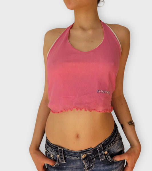 front view, Neon Pink Mesh Halter Crop Top Extasy Girl Y2K Vibe, vintage Y2K second hand piece