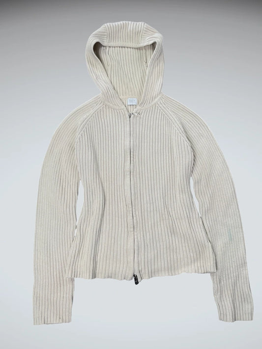 front view, Beiger gerippter Strick-Hoodie aus Baumwolle mit Reißverschluss für lässige und gemütliche Alltagslooks L: 51 cm / W: 43 cm Beige Ribbed Knit Hoodie, vintage Y2K second hand piece