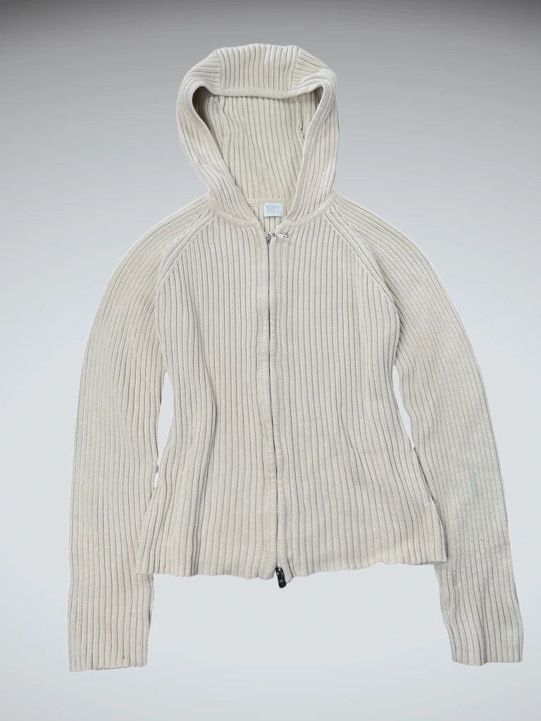 front view, Beiger gerippter Strick-Hoodie aus Baumwolle mit Reißverschluss für lässige und gemütliche Alltagslooks L: 51 cm / W: 43 cm Beige Ribbed Knit Hoodie, vintage Y2K second hand piece