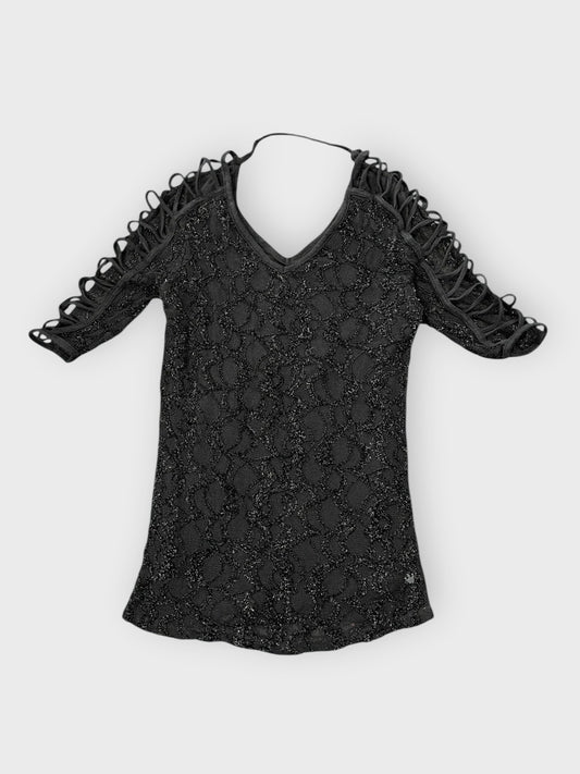 front view, Black Lace Cutout Sleeve Evening Top, vintage Y2K second hand piece