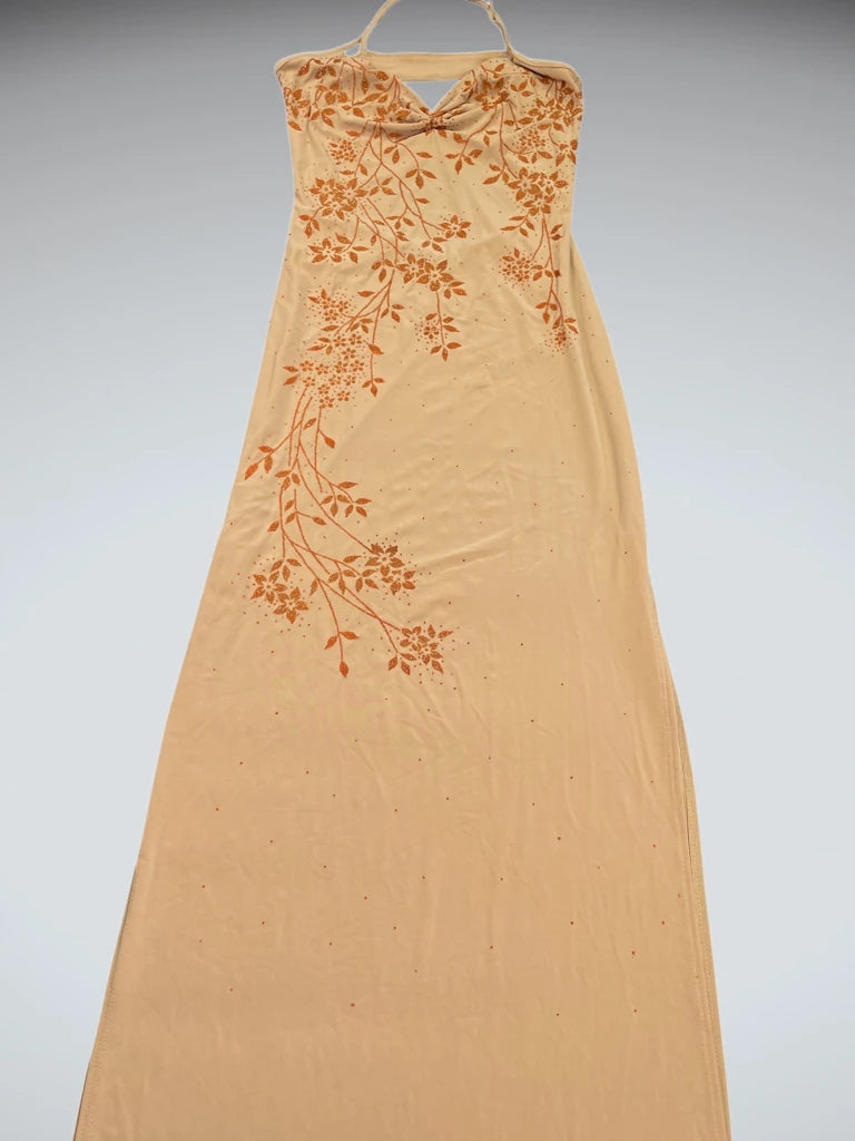 detail view, Sabora Yellow Floral Halter Maxi Dress, vintage Y2K second hand piece