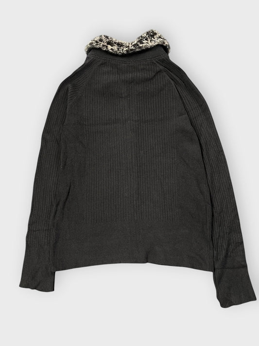 back view, Black Ribbed Zip Cardigan with Faux Fur Collar, vintage Y2K second hand piece