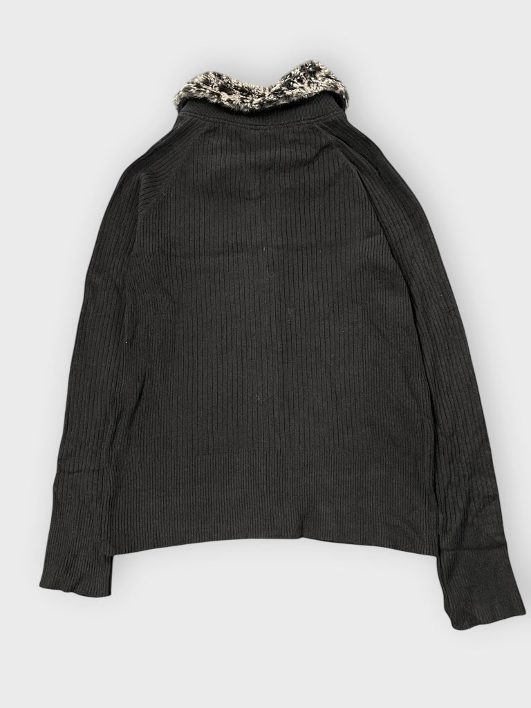 back view, Black Ribbed Zip Cardigan with Faux Fur Collar, vintage Y2K second hand piece