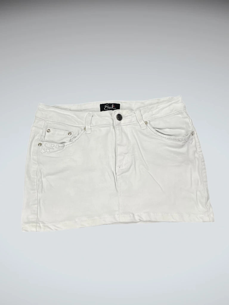 front view, Earl White Rhinestone Accent Denim Mini Skirt, vintage Y2K second hand piece