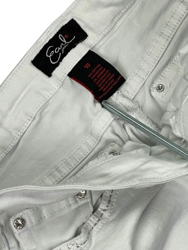 detail view, Earl White Rhinestone Accent Denim Mini Skirt, vintage Y2K second hand piece