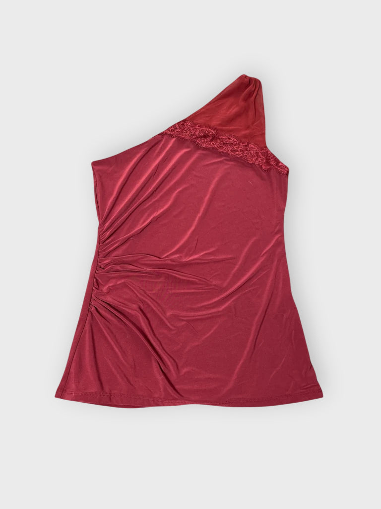 front view, White House Black Market Burgundy One Shoulder Lace Trim Top, vintage Y2K second hand piece