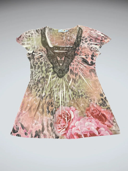 front view, Unity Animal Print & Floral Embellished Tunic Top, vintage Y2K second hand piece