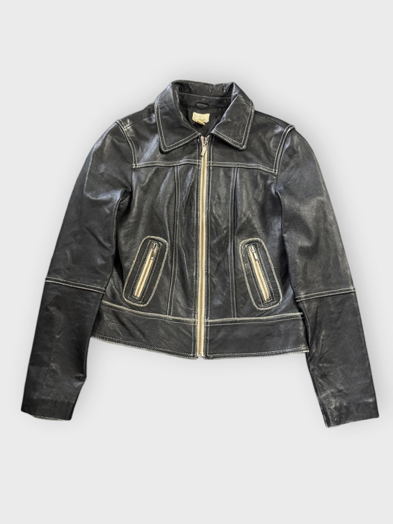 Vintage Black Faux Leather Jacket with Yellow Detail Women (XS)