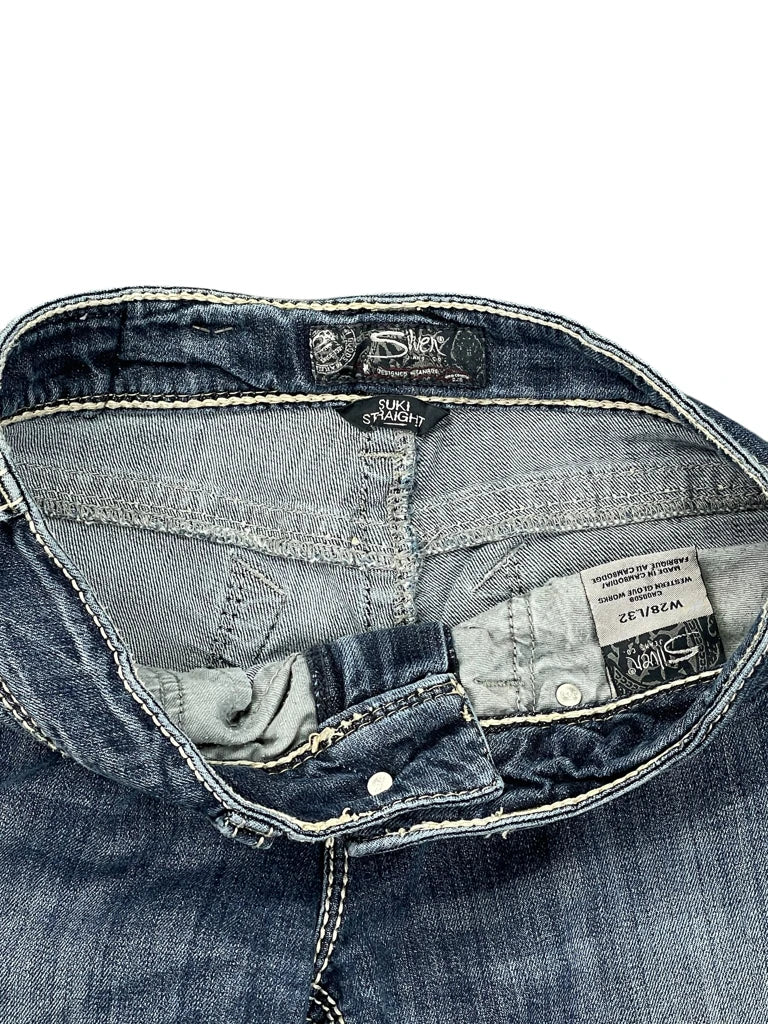 detail view, Silver Jeans Medium Wash Bootcut Jeans with White Contrast Stitching, vintage Y2K second hand piece