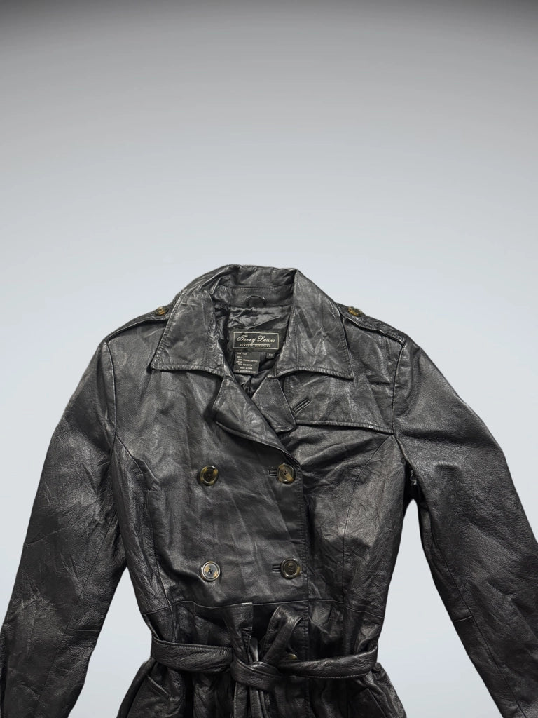 detail view, Terry Lewis Black Long Leather Coat, vintage Y2K second hand piece, image 4
