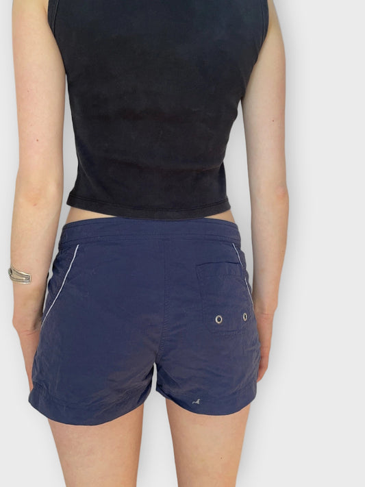 back view, Sergio Tacchini Retro Navy Blue Sport Shorts White Drawstring Vintage Swimwear, vintage Y2K second hand piece