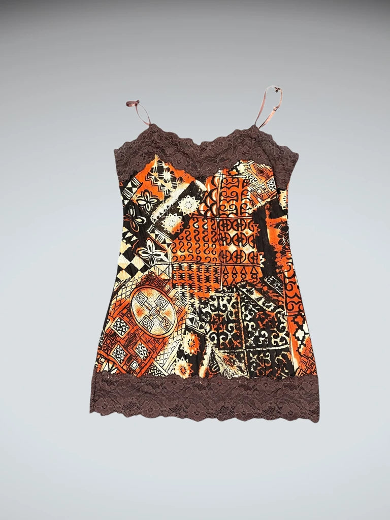 front view, Sirens Siren Orange Alternative Pattern Top, vintage Y2K second hand piece