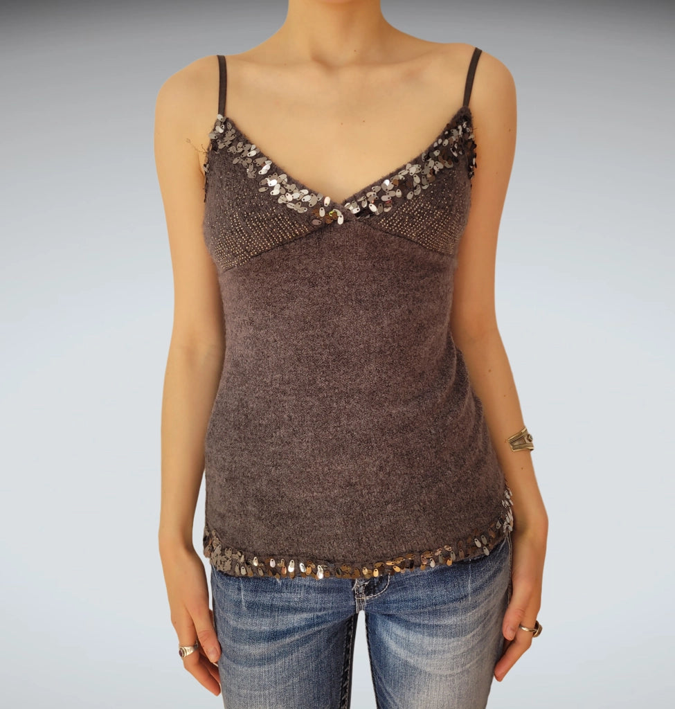 front view, Gray Sequin Trim Knit Camisole, vintage Y2K second hand piece