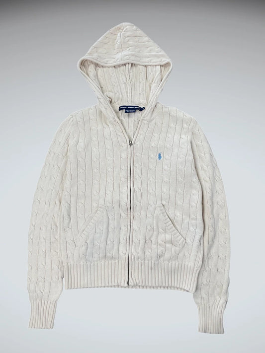 front view, Polo Ralph Lauren Beige Cable Knit Hoodie, vintage Y2K second hand piece