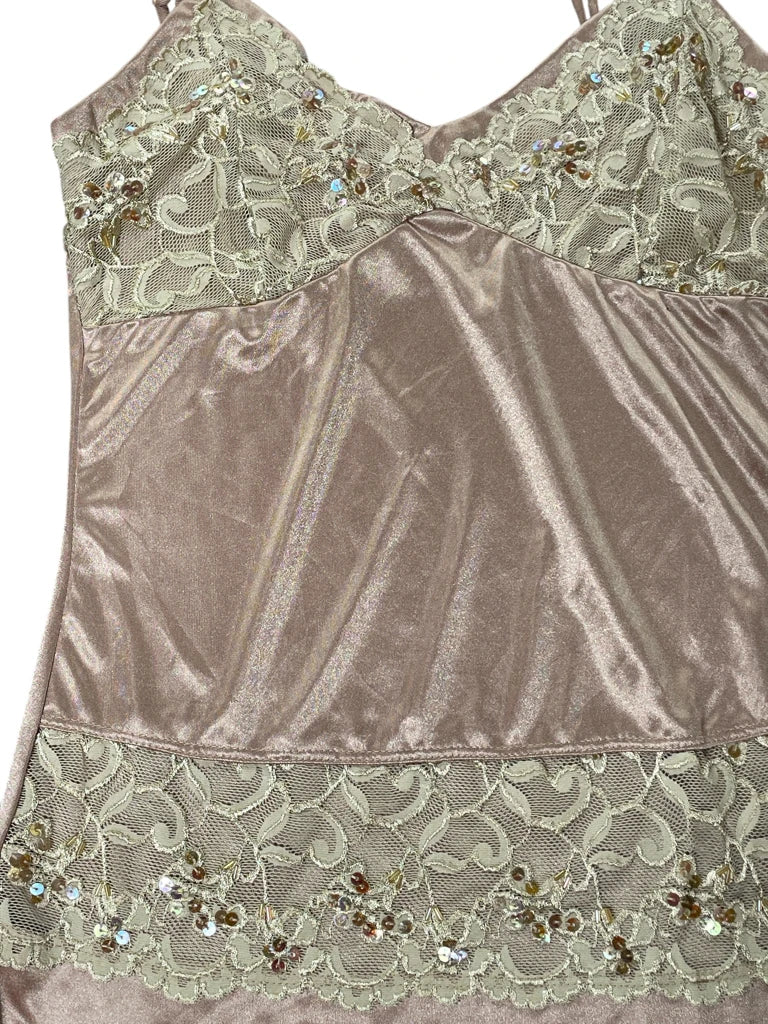 detail view, Volume One Beige Satin Lace Slip Top, vintage Y2K second hand piece, image 4