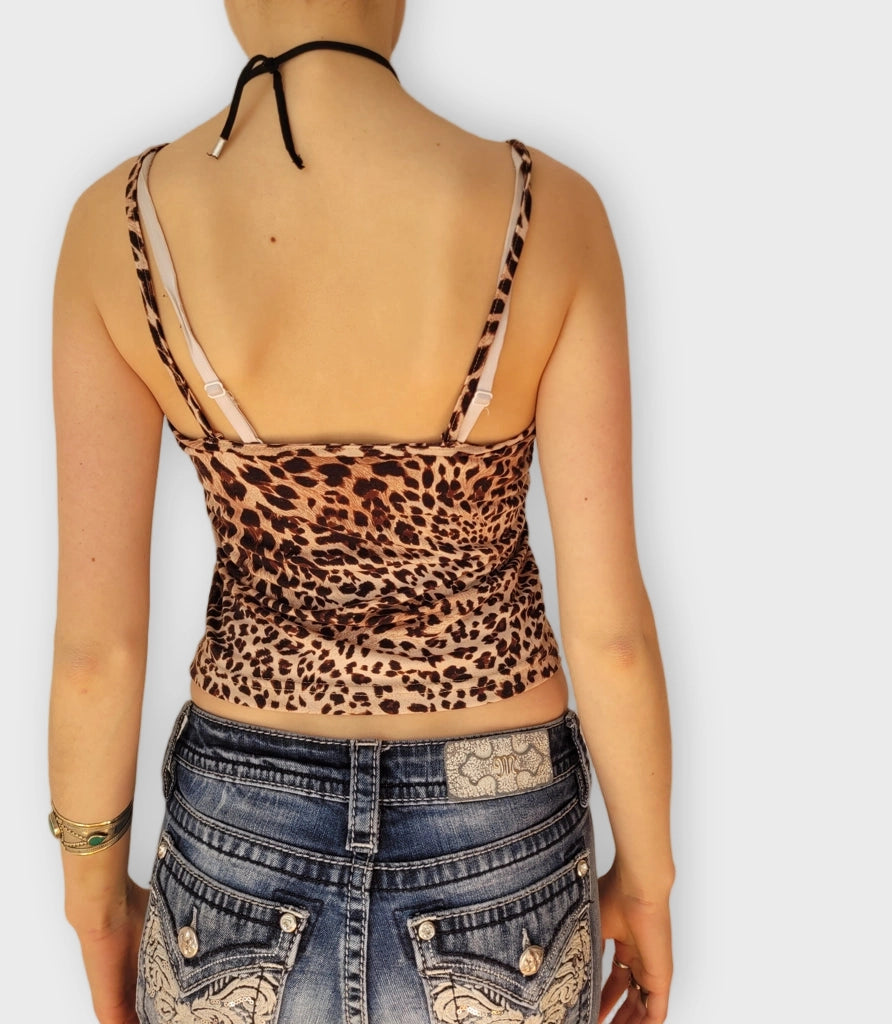 back view, Seductive Leopard Print Cowl Neck Camisole Cropped Fit, vintage Y2K second hand piece