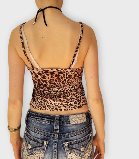 back view, Seductive Leopard Print Cowl Neck Camisole Cropped Fit, vintage Y2K second hand piece