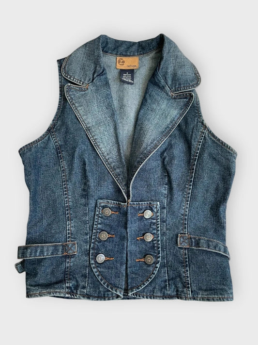 front view, Refuge rebel brass – dark denim vest, vintage Y2K second hand piece