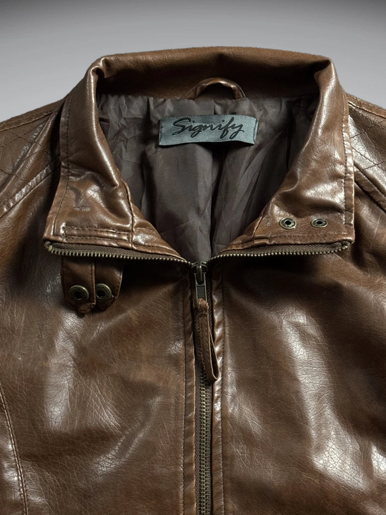 detail view, Signify Brown Faux Leather Vintage Jacket, vintage Y2K second hand piece, image 7