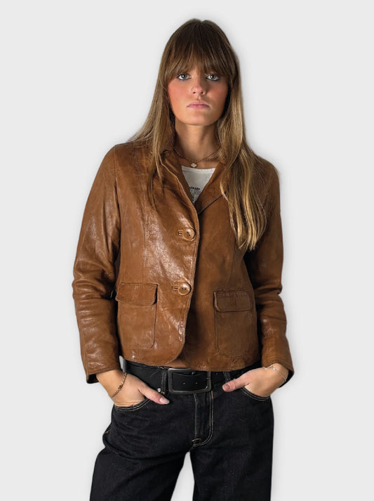 front view, Vintage Brown Genuine Leather Coat Women, vintage Y2K second hand piece
