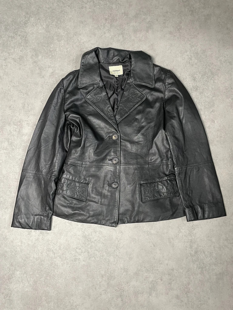 detail view, Conbipel Black Leather Coat, vintage Y2K second hand piece, image 6