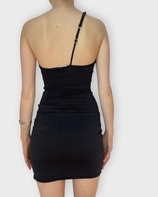 back view, Omar Piragino Black One Shoulder Cutout Mini Dress, vintage Y2K second hand piece