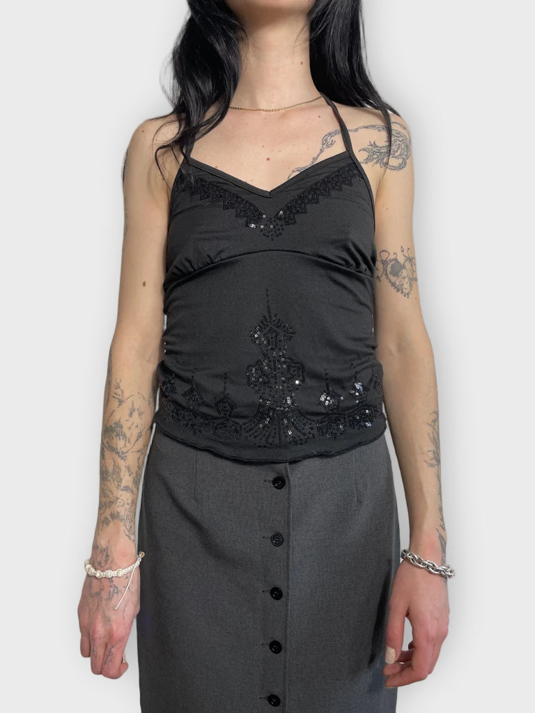 front view, ROMWE top with paillettes, vintage Y2K second hand piece