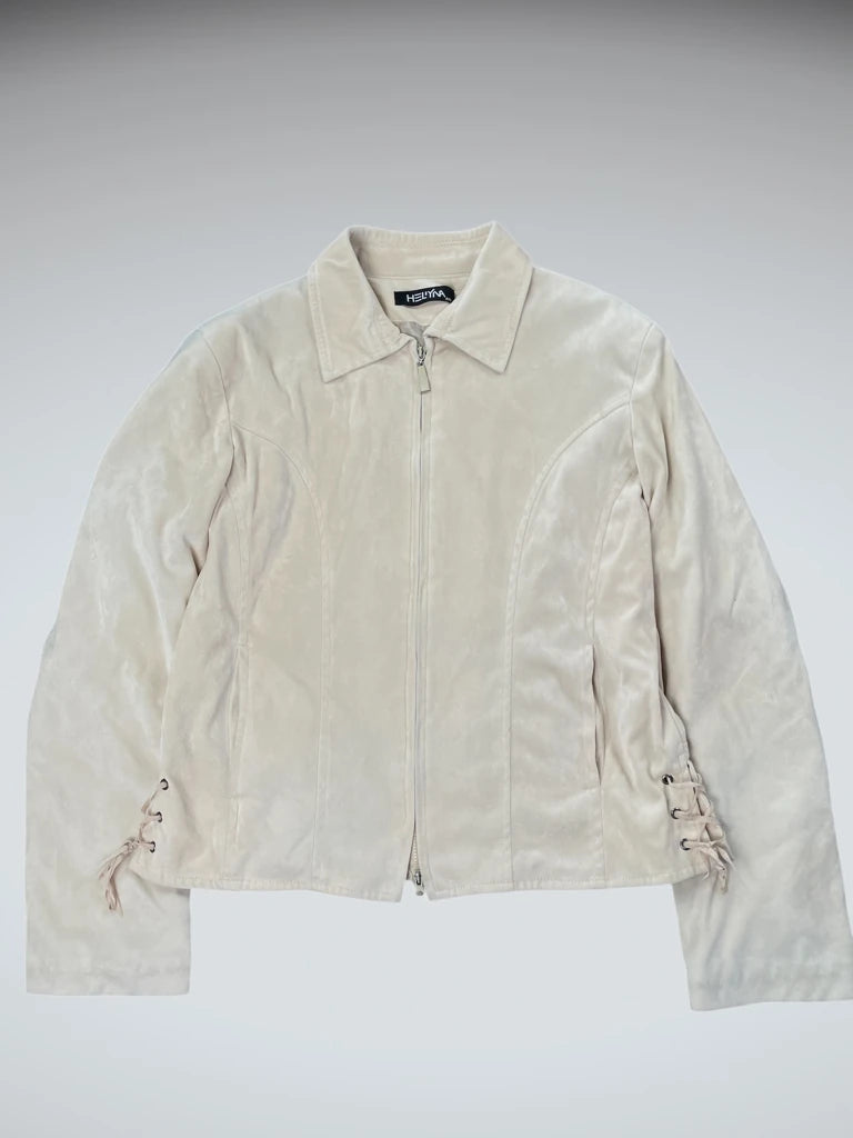front view, Helyna Beige Velour Zip Jacket with Side Lace-Up Detail, vintage Y2K second hand piece