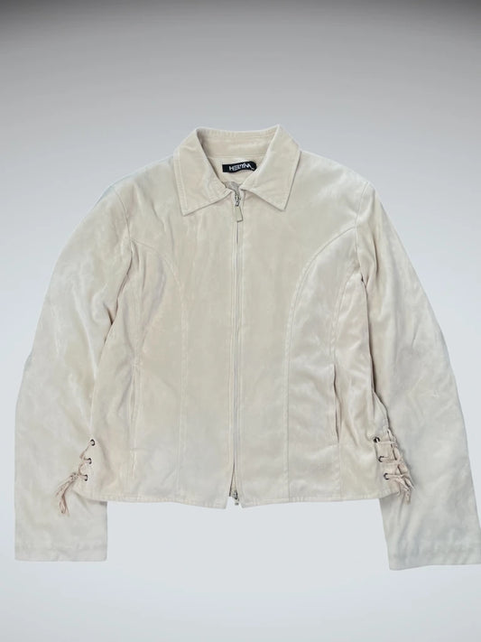 front view, Helyna Beige Velour Zip Jacket with Side Lace-Up Detail, vintage Y2K second hand piece