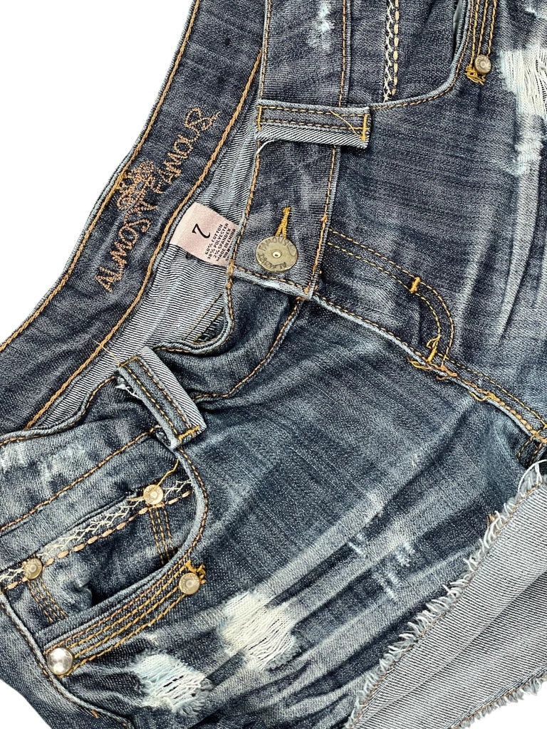 detail view, Almost Famous Mid Blue Distressed Denim Hotpants, vintage Y2K second hand piece, image 4