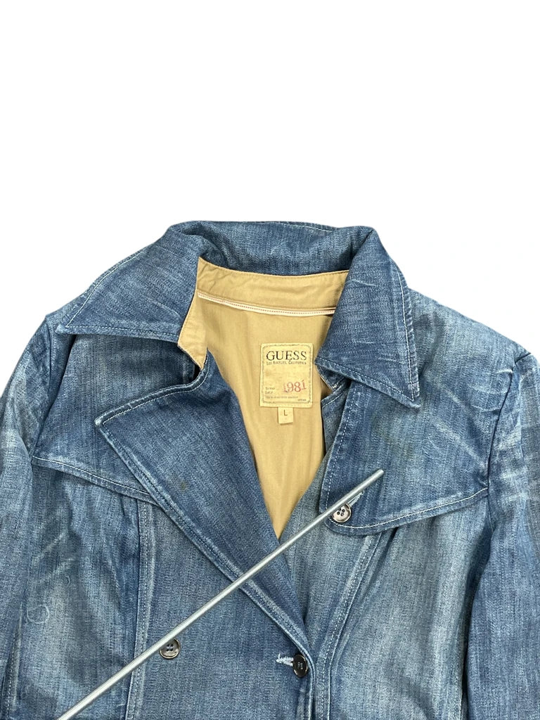 detail view, Guess Deep Indigo Longline Vintage Denim Coat, vintage Y2K second hand piece, image 4