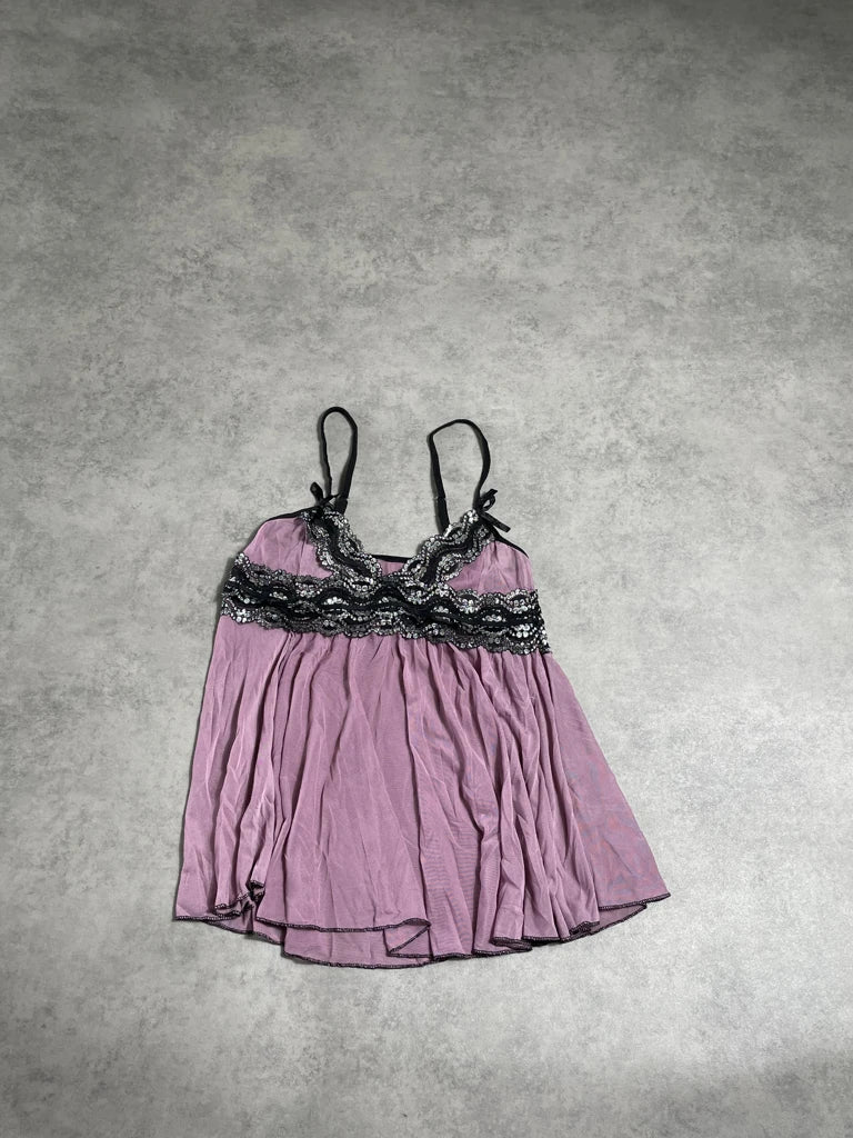 detail view, purple lingerie dreamy ibiza lace top, vintage Y2K second hand piece, image 6