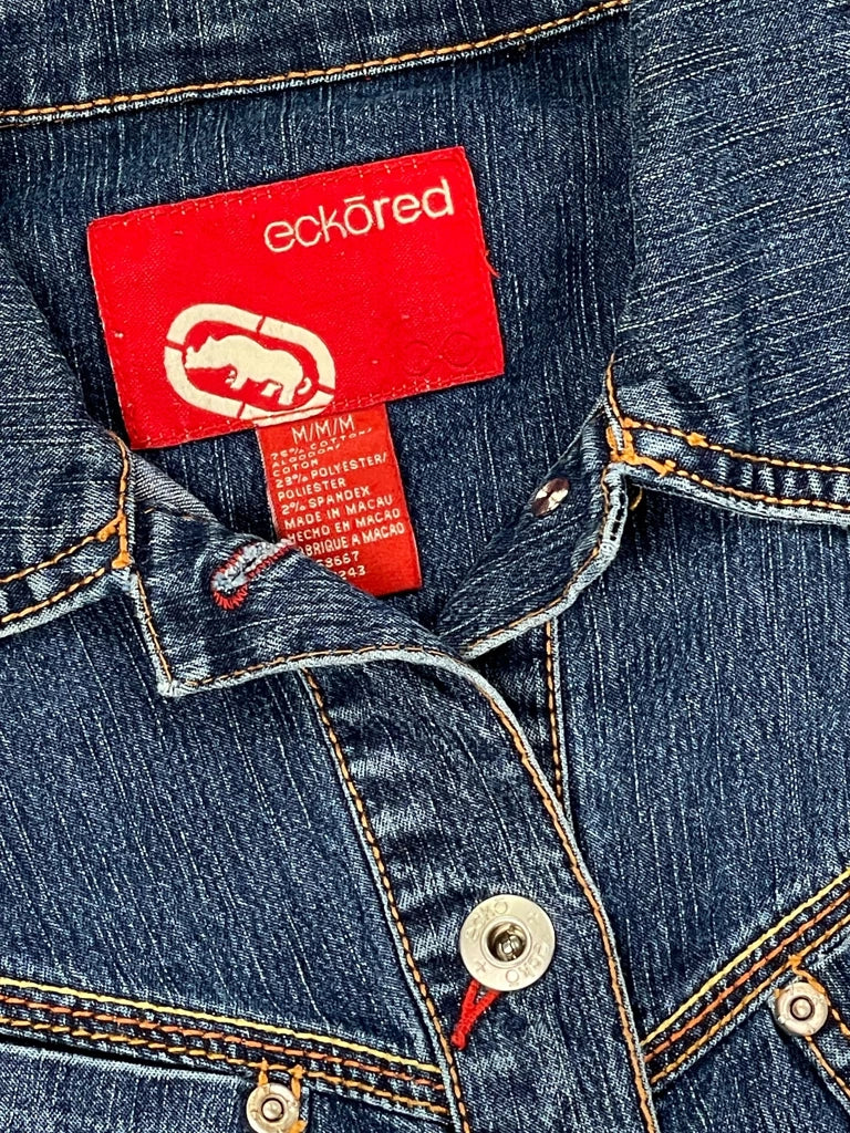 detail view, Ecko Red Fitted Button Up Denim Jacket, vintage Y2K second hand piece