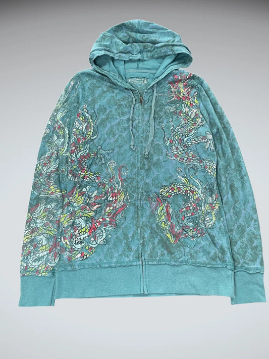 front view, Maurices Teal Dragon Print Hoodie, vintage Y2K second hand piece