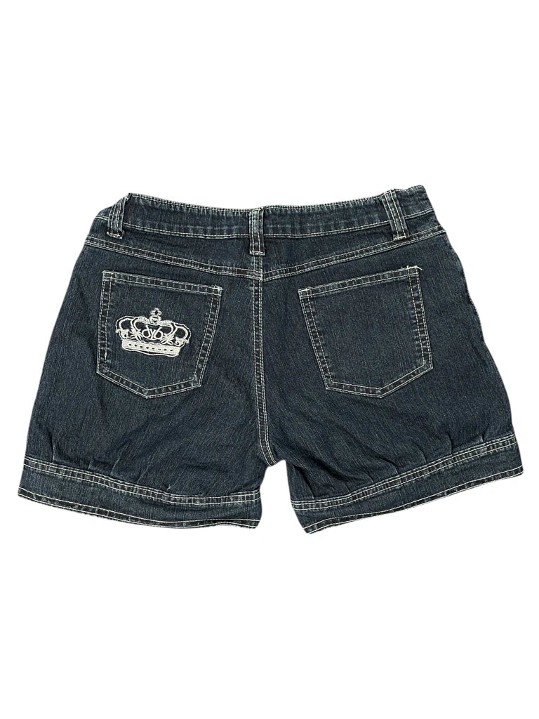 detail view, Crown Embroidered Dark Wash Denim Hotpants, vintage Y2K second hand piece, image 4