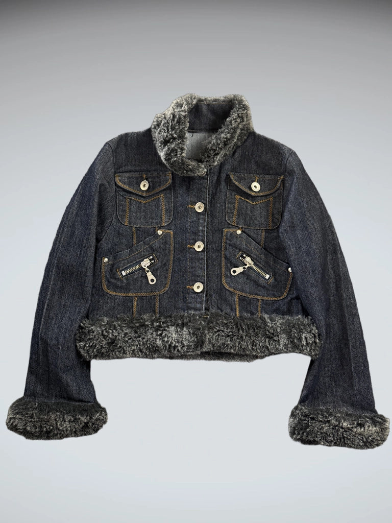 front view, Ultima Faux Fur Collar Denim Jacket Women, vintage Y2K second hand piece
