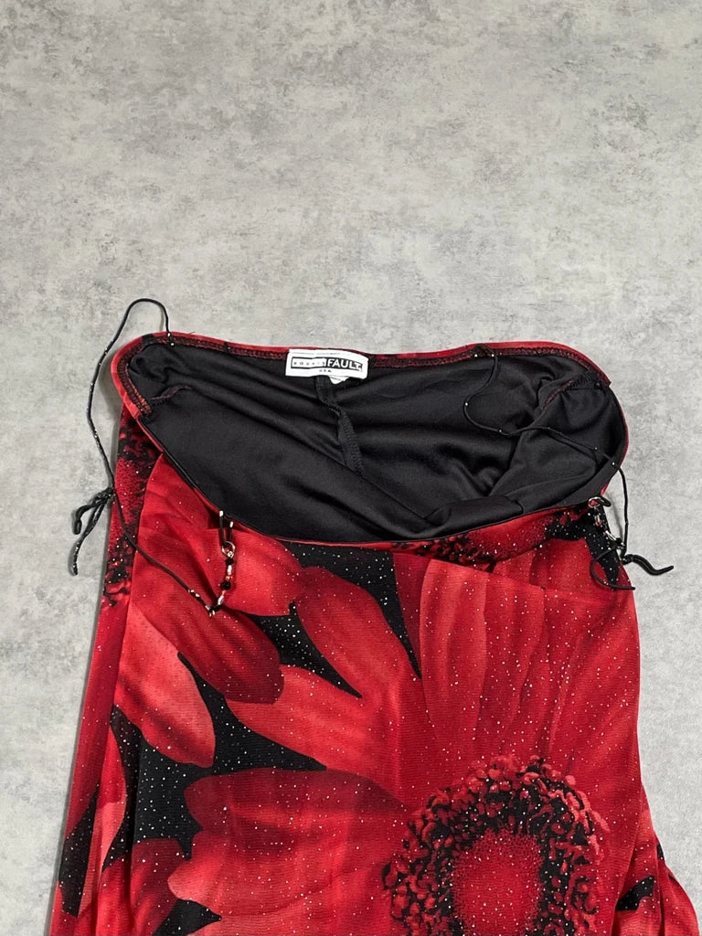 detail view, Double Fault floral red dream dress, vintage Y2K second hand piece
