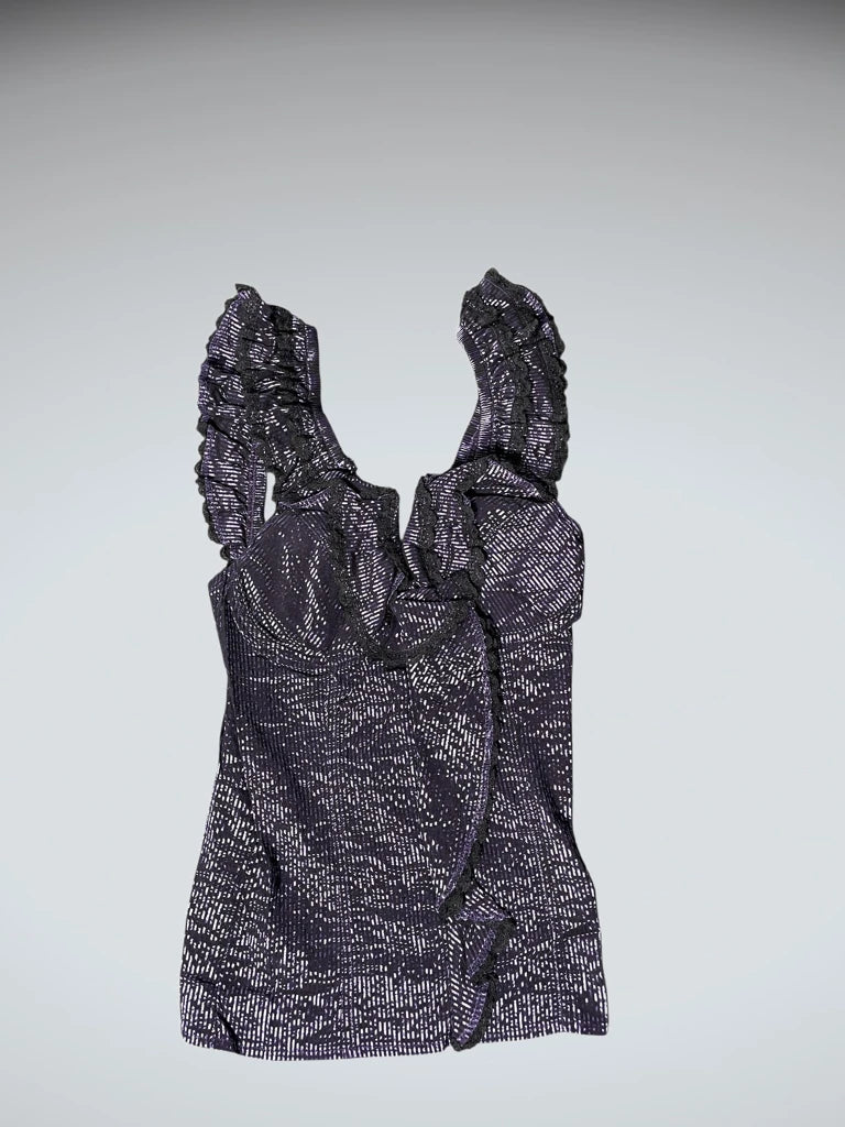 detail view, Temt Ruffled Metallic Purple Top, vintage Y2K second hand piece