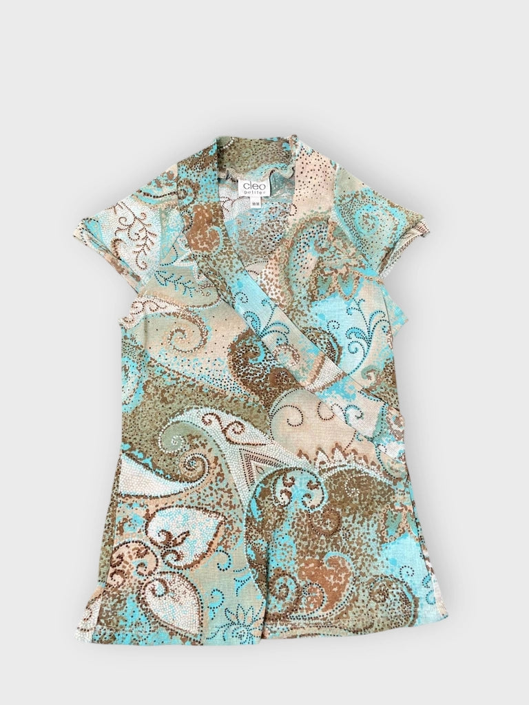 front view, Cleo Petites Earthtone Paisley Wrap Top, vintage Y2K second hand piece