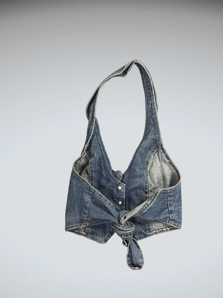 back view, Retro Y2K Halter Neck Denim Vest, vintage Y2K second hand piece