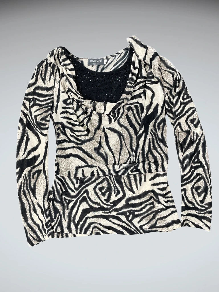 front view, Red Coral Y2K Zebra Print Cowl-Neck Top, vintage Y2K second hand piece