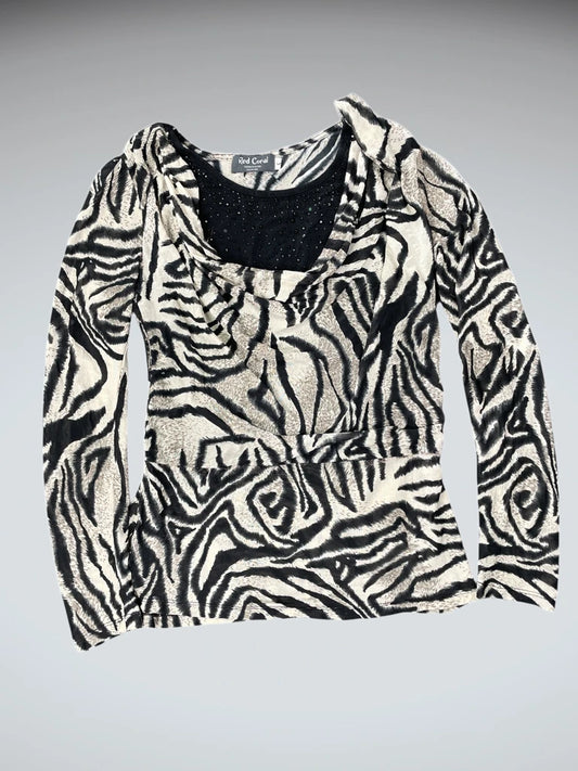 front view, Red Coral Y2K Zebra Print Cowl-Neck Top, vintage Y2K second hand piece