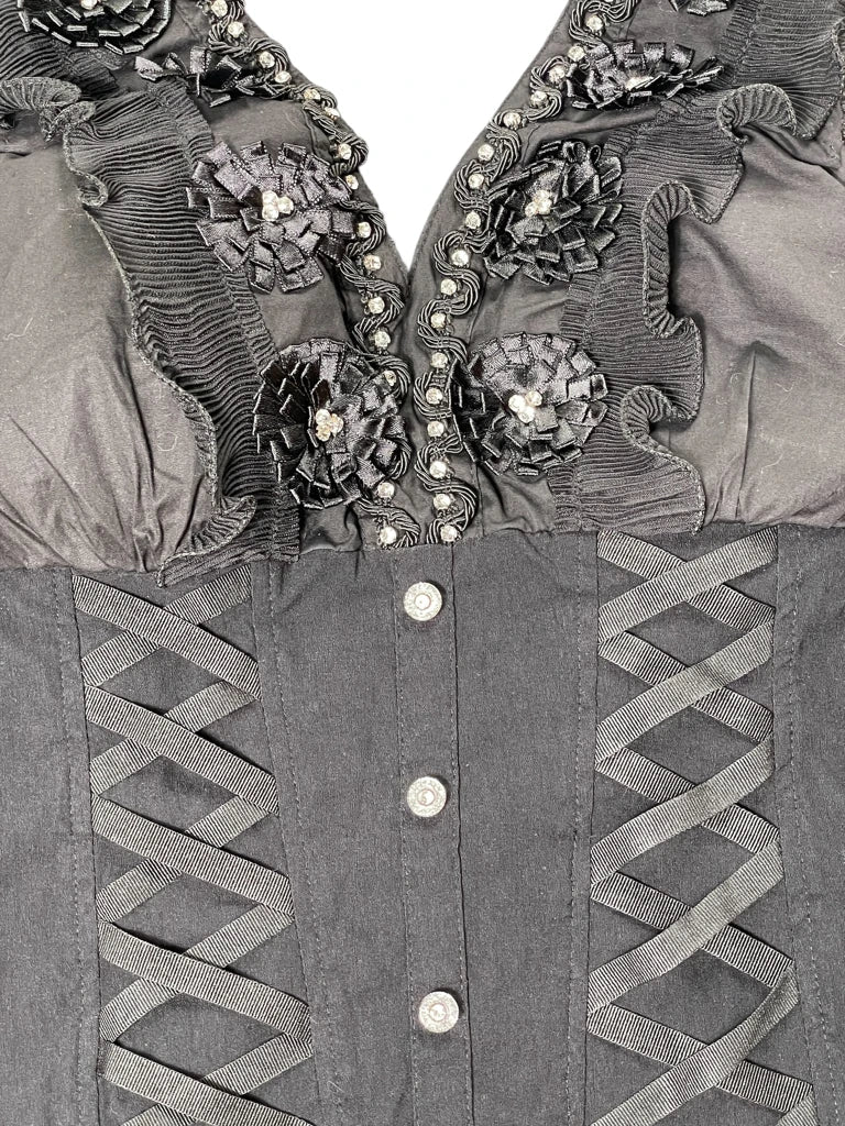 detail view, Black Corset Top with Floral Appliqué, vintage Y2K second hand piece, image 4